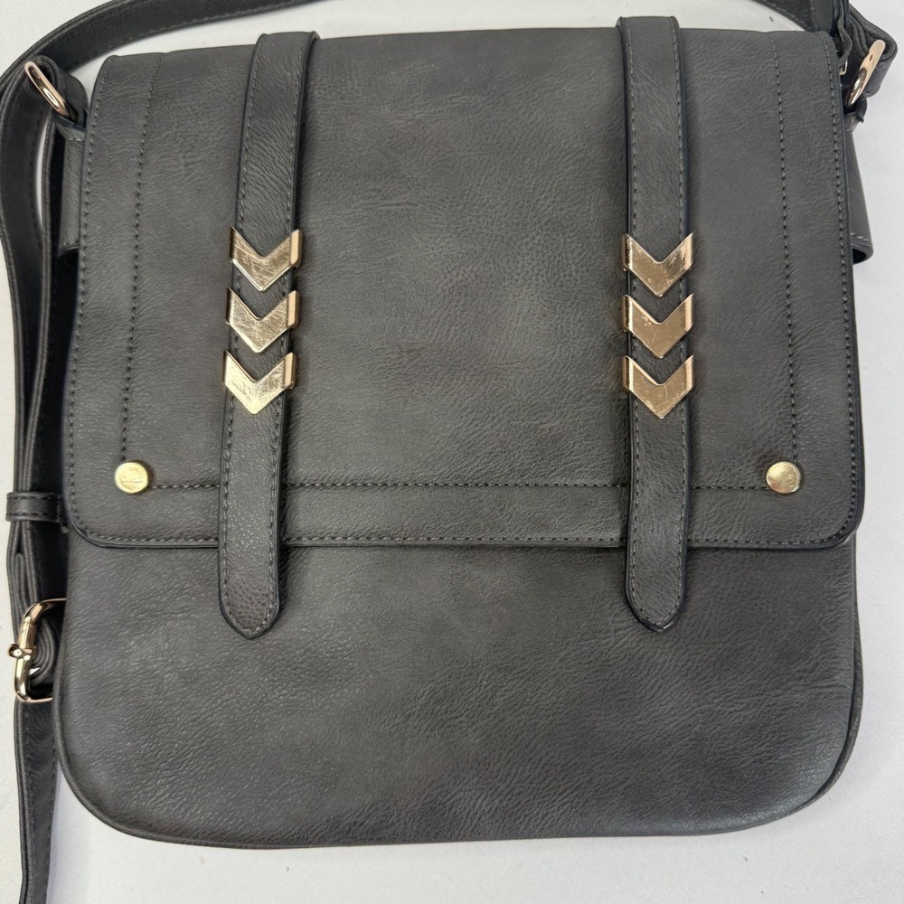 Alyssa Double Compartment Gray Large Crossbody Bag Gold Accents Adjustable Strap - Picture 2 of 15